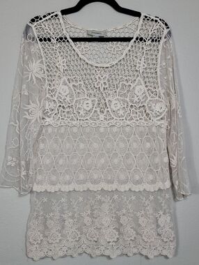 Vintage Dressbarn Crochet Lace Tunic Top Size Medium Ivory Boho Sheer Fairy